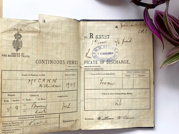 Antique Seaman’s Certificate Of Discharge Book & Photo Of Sailor With Family - Source Vintage