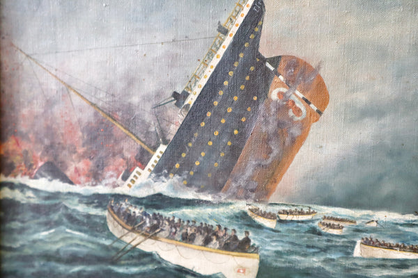 Early 20th Century Naïve Finnish Swedish Folk Art Oil On Canvas Titanic Painting - Source Vintage