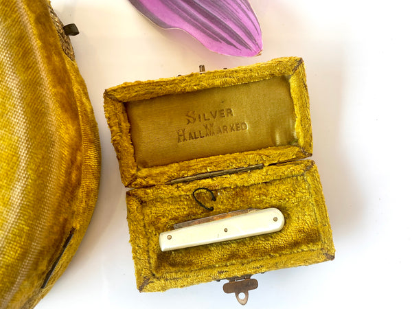 Antique Victorian Green Velvet Perfume Travelling Casket & Cased Silver Fruit Knife *As Found* - Source Vintage