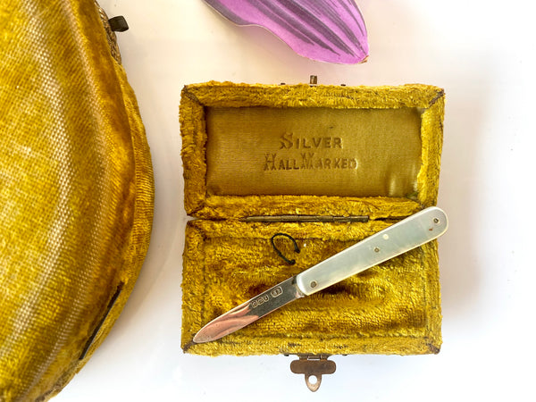 Antique Victorian Green Velvet Perfume Travelling Casket & Cased Silver Fruit Knife *As Found* - Source Vintage