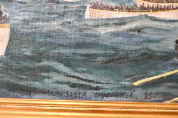 Early 20th Century Naïve Finnish Swedish Folk Art Oil On Canvas Titanic Painting - Source Vintage